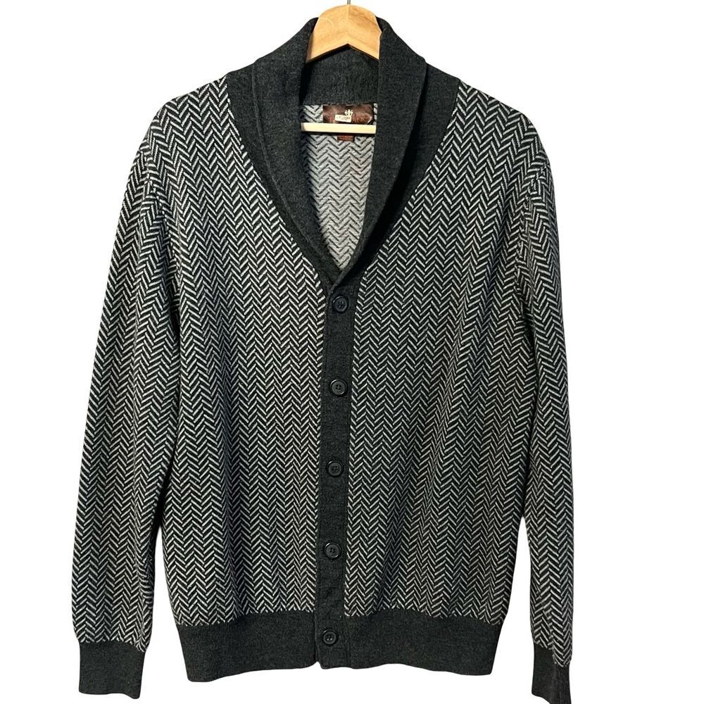 Toscano Mens Wool Herringbone Cardigan Sweater Size L Shawl Collar Dark Academia